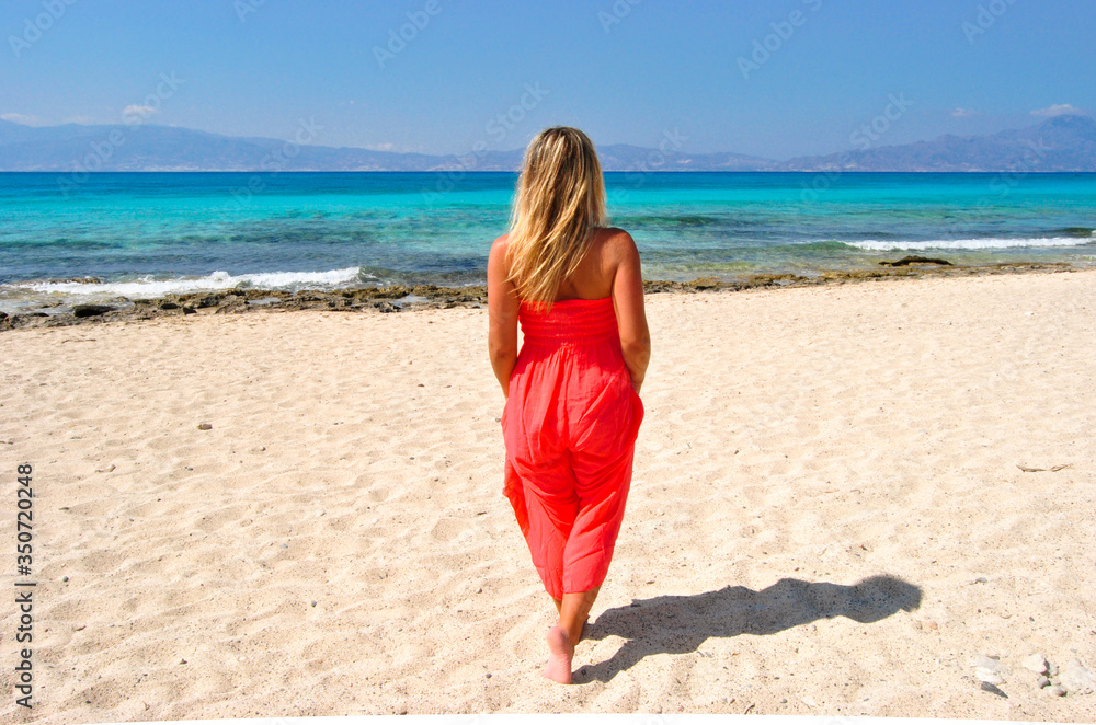 Rear view of young woman on the beach looking at the sea. Rear view of young woman on the beach looking at the sea.