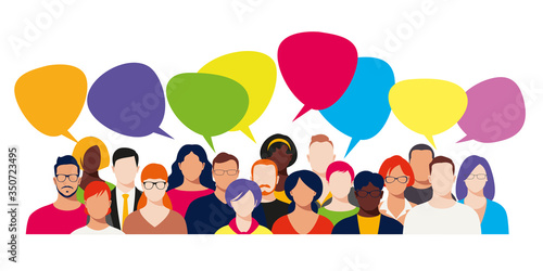 Big people group with speech bubbles. Banner concept of business, internet discuss, news, social networks, chat, dialogue.