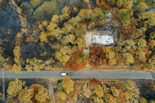 Forest wildfire in the forest with some burned trees and houses. Ashes from wood and houses
