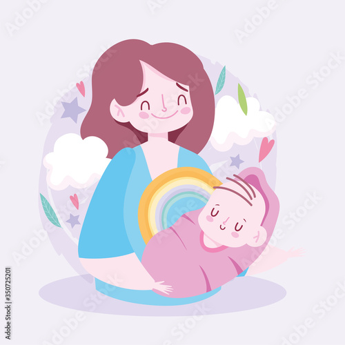 Mother with baby and clouds vector design