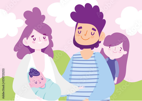 Mother father baby and daughter and clouds vector design