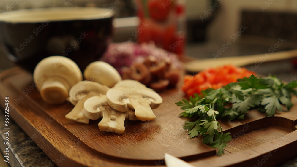 mushroom and vegetables prepared for healthy cooking, olives, onion, parsley mushroom and vegetables prepared for healthy cooking, olives, onion, parsley