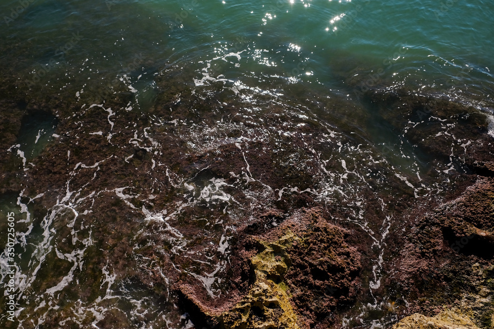 Obraz premium Aerial view of rocky coast on a sunny day