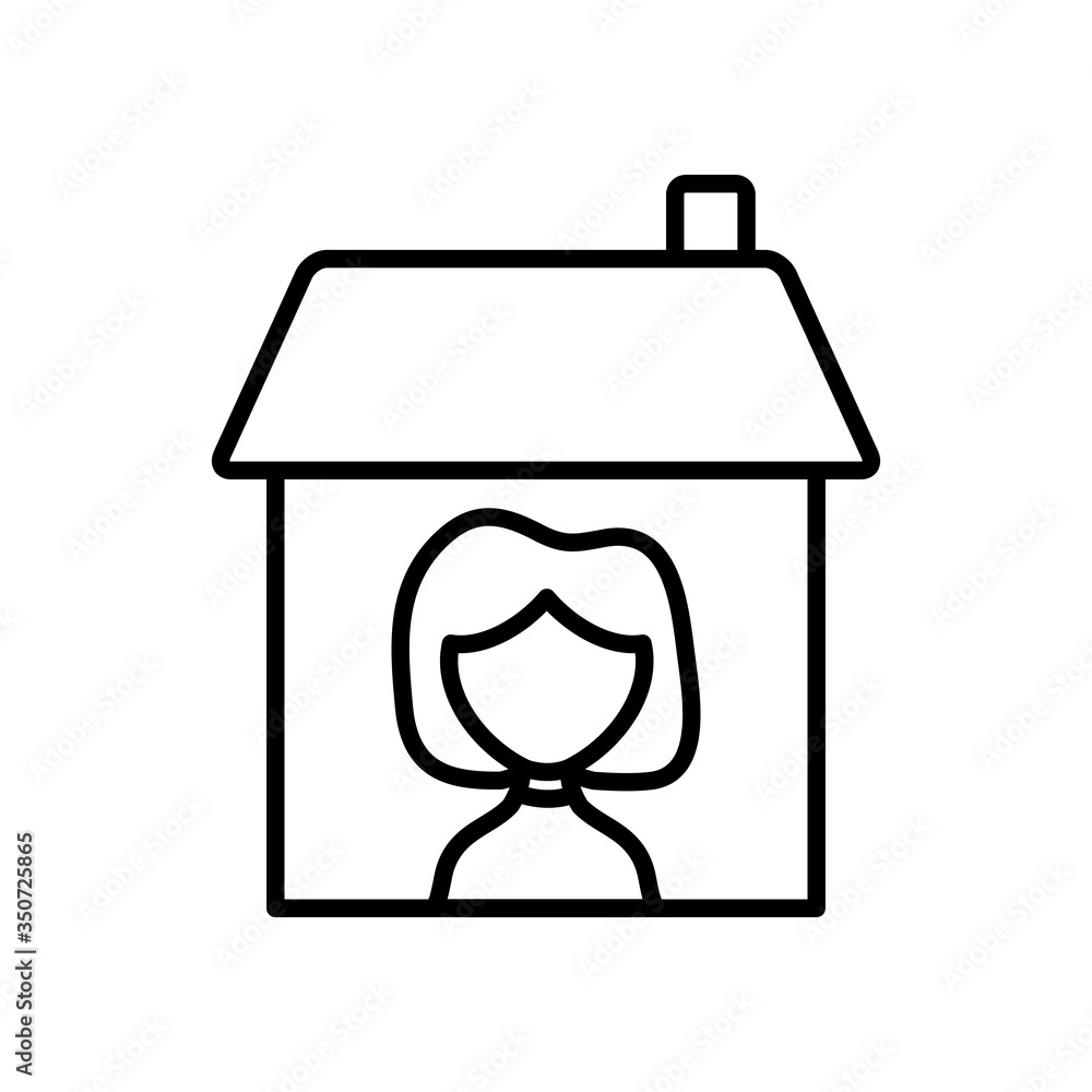 Stay home concept, cartoon woman in home icon, line style