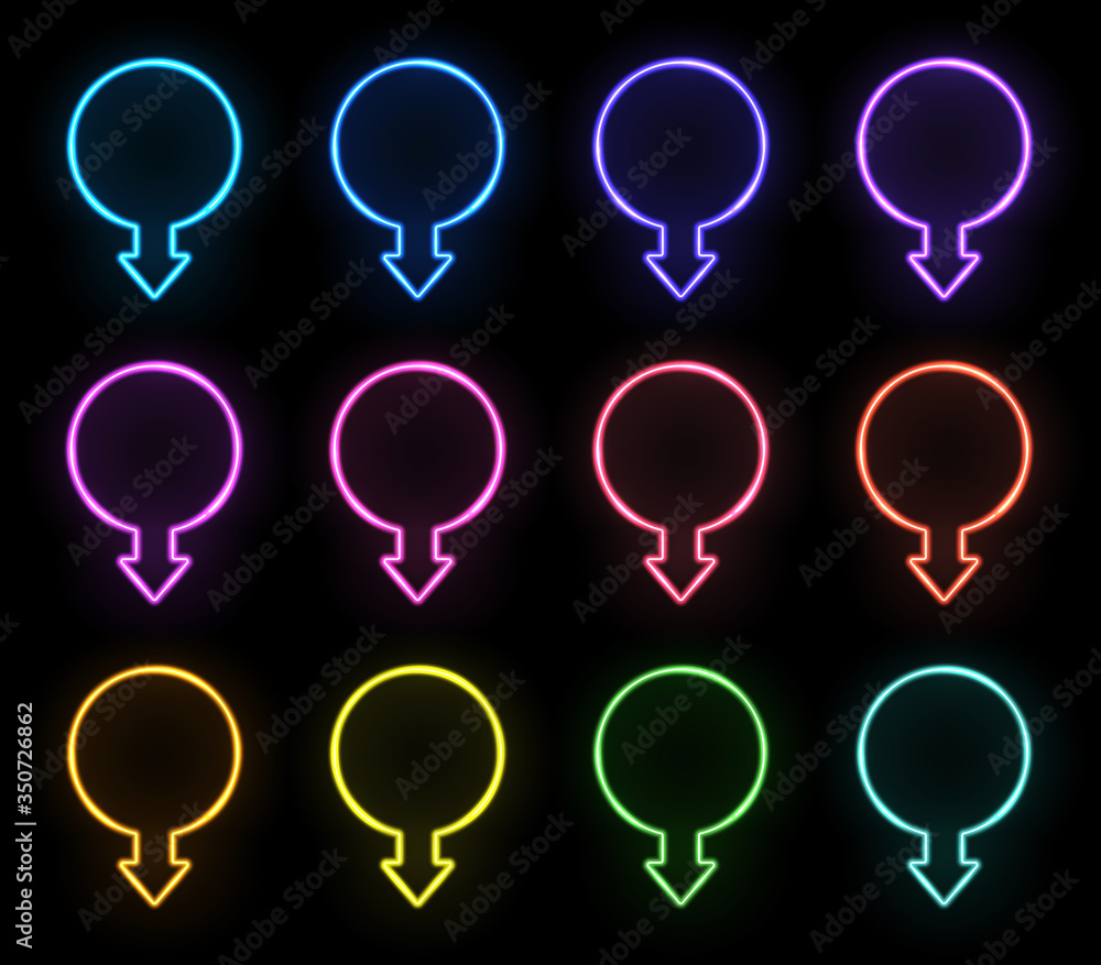 Neon arrow circle sign set on black background. Glowing light color banner with text space. Night street wall direction pointer. Advertising bar club shop signboard design. Bright vector illustration. Neon arrow circle sign set on black background. Glowing light color banner with text space. Night street wall direction pointer. Advertising bar club shop signboard design. Bright vector illustration.