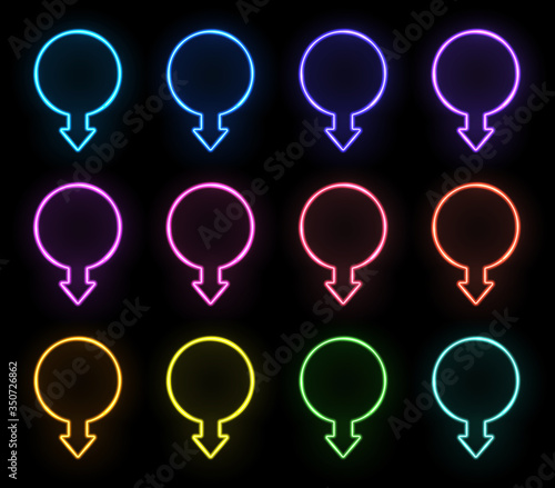 Neon arrow circle sign set on black background. Glowing light color banner with text space. Night street wall direction pointer. Advertising bar club shop signboard design. Bright vector illustration.