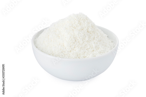 Coconut powder, coconut powder in white bowl, on white background (Tr- hindistan cevizi tozu) photo