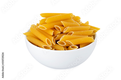 Penne, penne pasta, penne rigate, in white bowl, on white background (Tr- makarna)
 photo