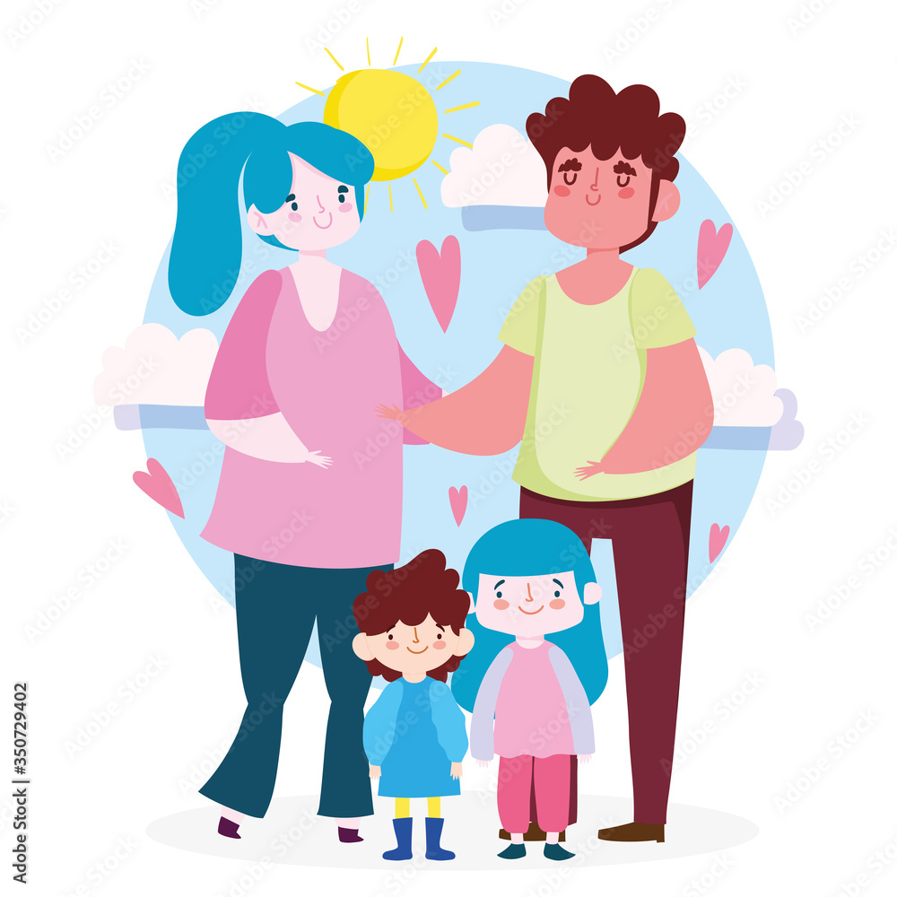 Mother father daughter and son with clouds and hearts vector design Mother father daughter and son with clouds and hearts vector design