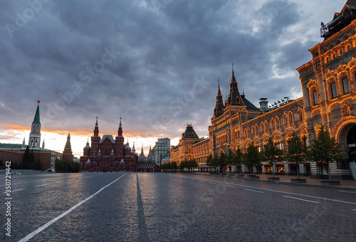 Empty illuminated Red Square and Kremlin, Moscow, Russia