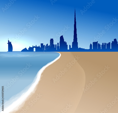 Dubai vector illustration with beach and sea