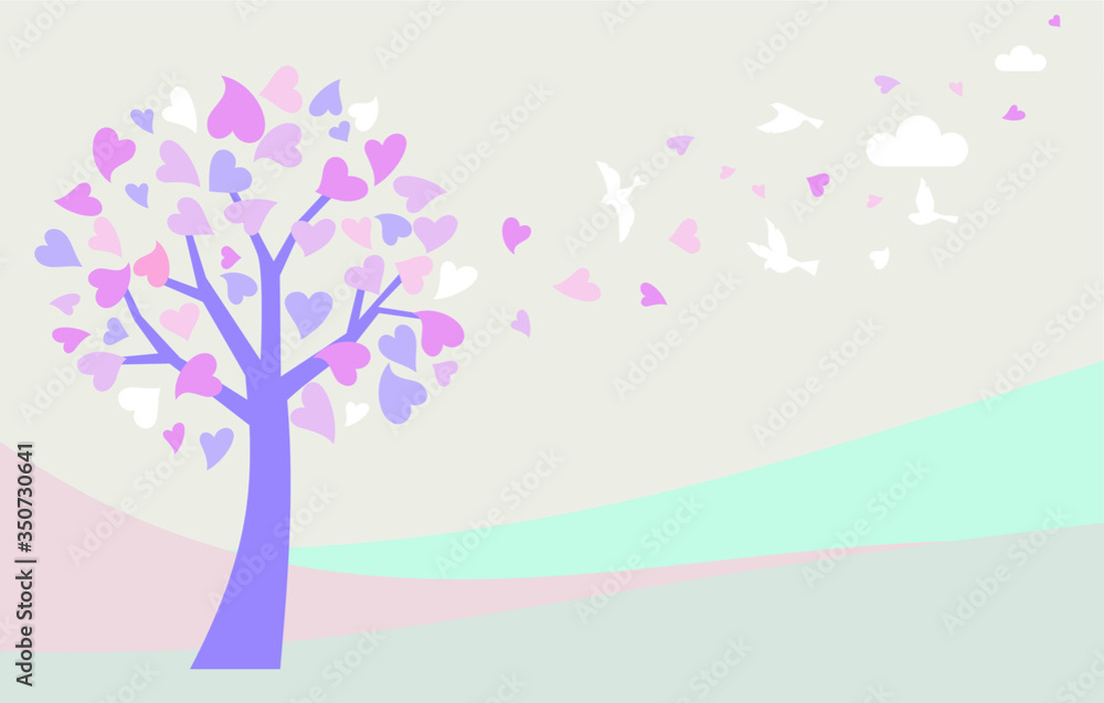 Love tree with heart leaves and bird