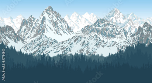 vector mountains range in forest - sealmess illustration