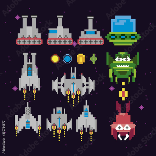retro video game space pixelated set icons