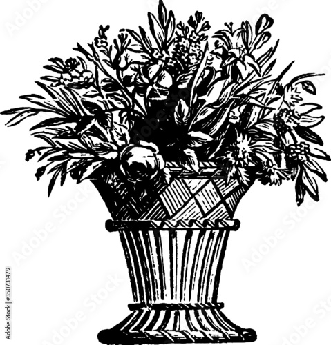 Vase of Flowers, Vector Illustration of a 19th century engraving