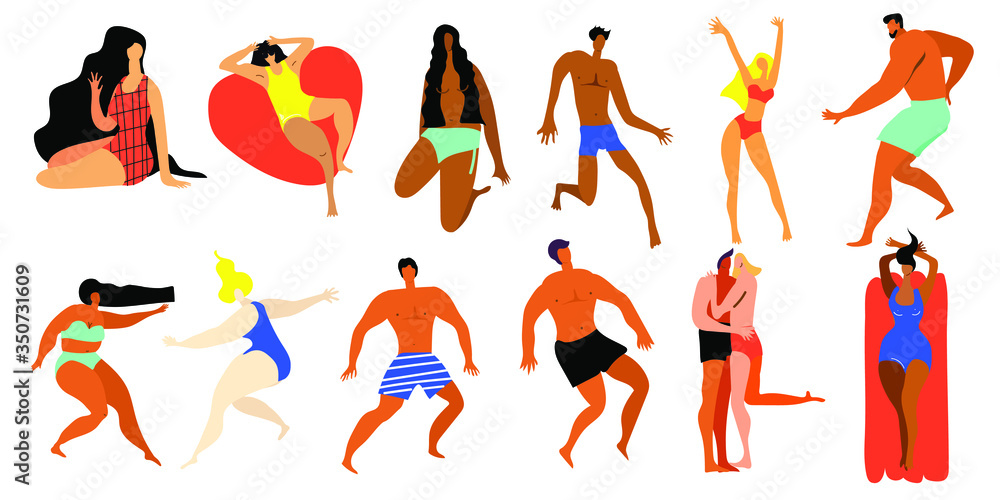 Big vector set. Happy women and men. Summer time. Flat illustration. Transparent background