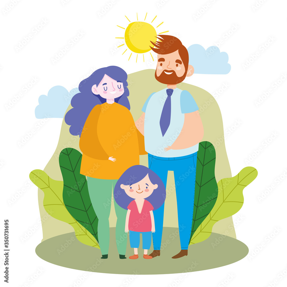 Mother father and daughter with leaves sun and clouds vector design