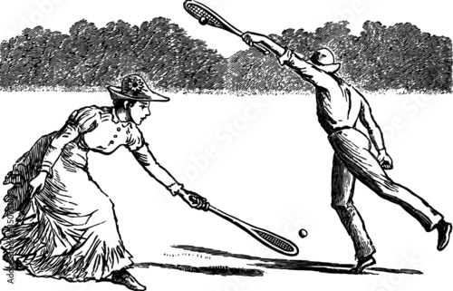 Old Vintage Drawing of a Tennis Players, Vector Sketch of a 19th century engraving
