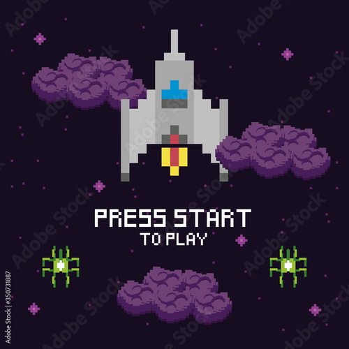 video game space pixelated scene and press star message