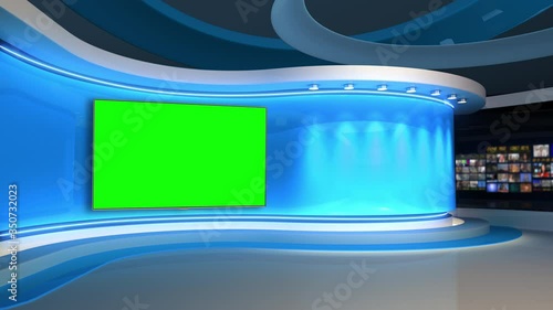 Tv studio. News room. Studio Background. Blue. Newsroom bakground. Control room. Backdrop for any green screen or chroma key video production. Blurred of studio at TV station. Loop. 3D rendering. 