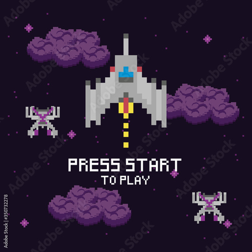 video game space pixelated scene and press star message