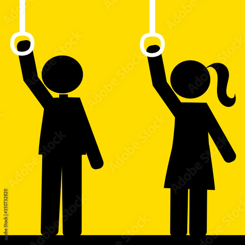 woman and man icon are holding strap while standing in metro, subway, bus or train. Social distancing concept. aviod germ infection. disease prevention for transportation. 