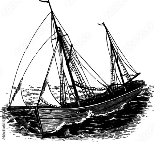 Wooden Yacht, Vector Sketch of a 19th century engraving