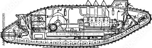 Hand Drawn illustration of a Tank, Vector Drawing of a engraving from the early 20th century