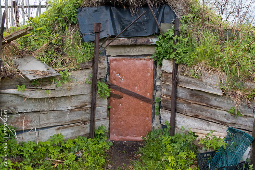 door for entering the storage room for storing vegetables and canned goods. The old basement is in poor condition. door for entering the storage room for storing vegetables and canned goods. The old basement is in poor condition.