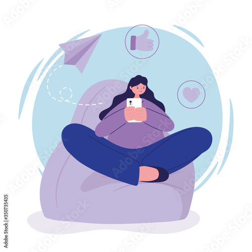 Woman with smartphone on puf chatting vector design