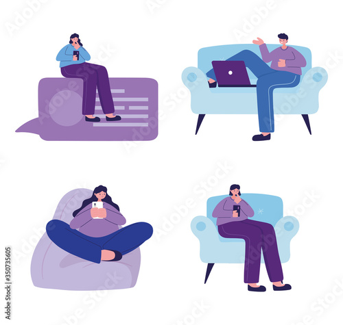 Women and men with smartphone and laptop chatting vector design