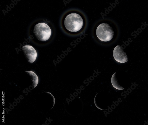 Moon Phases. Ten steps from full moon to new moon. High resolution and super detailed lunar phases.