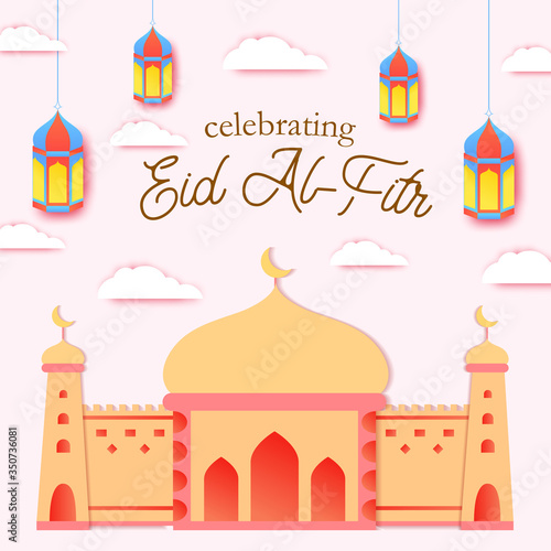 Islamic background decorated with mosque and lantern. Minimal composition in paper cur style. islamic holiday festival of eid mubarak design template. Vector illustration.