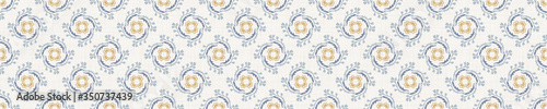 Seamless daisy border pattern in french blue linen shabby chic style. Hand drawn floral damask texture. Old white blue background. Interior home decor edge bordure. Ornate flourish motif ribbon trim.