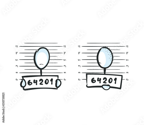 Mug shot in police station. Arrested criminal photo with number. Hand drawn. Stickman cartoon. Doodle sketch, Vector graphic illustration