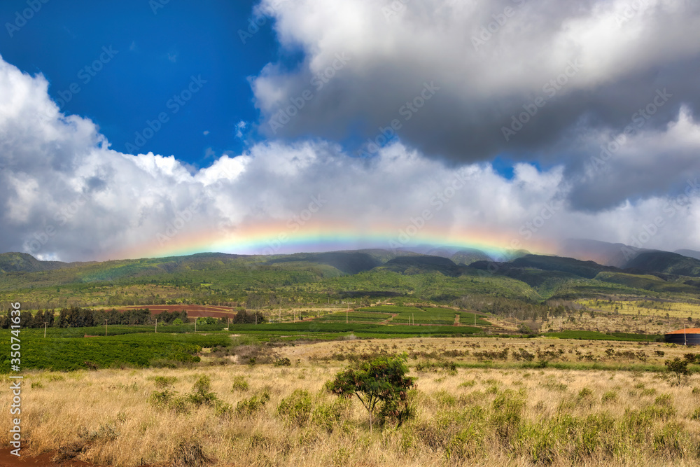 Colorful rainbow stretching across the west Maui mountains.