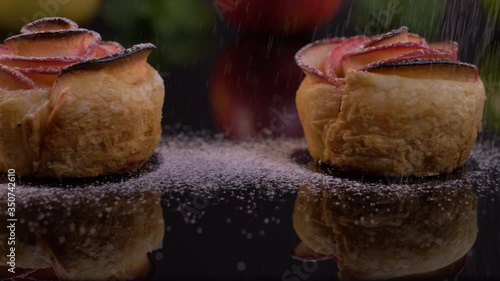 Sugar Sprinkles falling on Fresh Apple Rose Pie Dessert