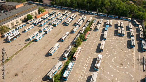 Many trolleybuses parked in front of the trolley depot hangar. Social transport. Vinnytsia, Ukraine, 2020