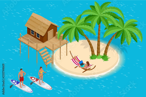 Isometric Summer Vacation concept. Summer time. Luxury overwater thatched roof bungalow in a honeymoon vacation resort in the clear blue lagoon with a view on the tropical island. Tropical vacations