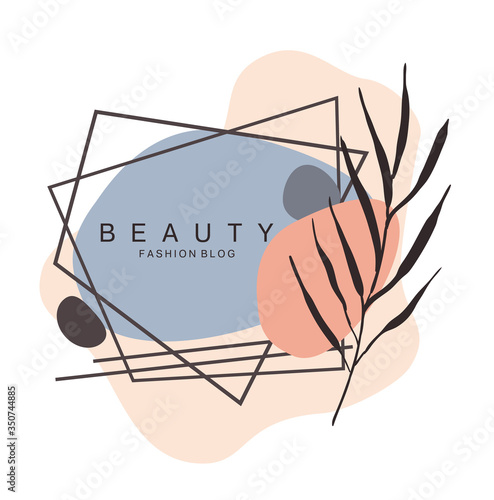 Abstract floral card with trendy shapes and hand drawn leaves for social medi...