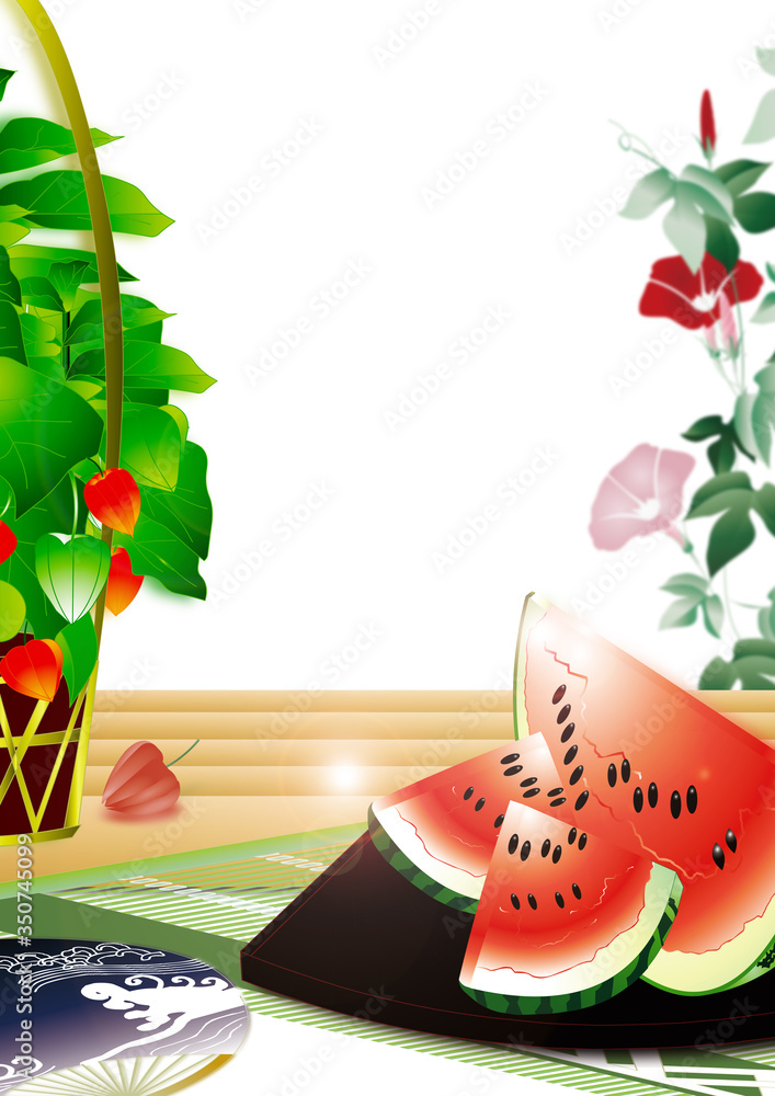 スイカと鬼灯にうちわや朝顔のイラスト日本の夏の風景縦スタイル背景素材 Stock Illustration Adobe Stock