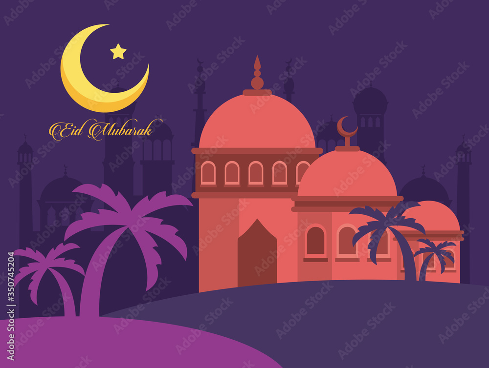 eid mubarak celebration card with mosque and moon
