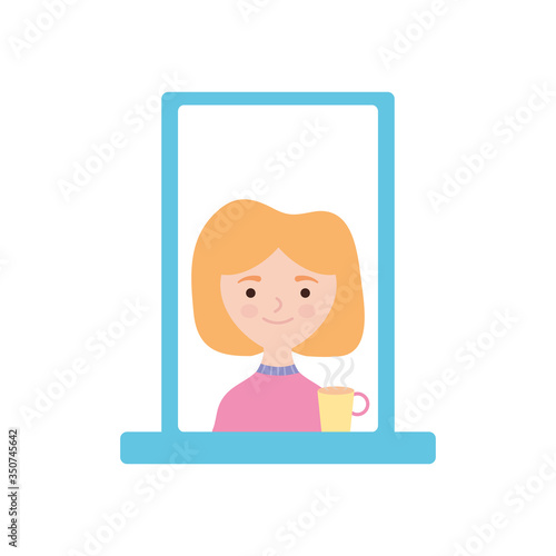 Stay home concept, cartoon happy woman with coffee mug at the window icon, flat style © Jeronimo Ramos
