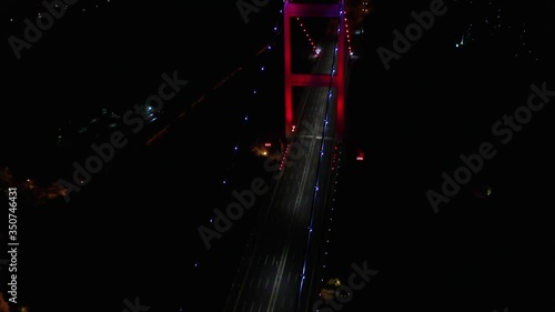 Fatih Sultan Mehmet Bridge Night Aerial Drone View at Covid-19 Isolation Days