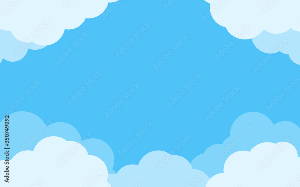 Blue background sky with border of white clouds. Air effect cartoon flat style. Cloudy heaven scene layered effect. Abstract text box for poster, flyer, postcard, web banner, cover Vector illustration