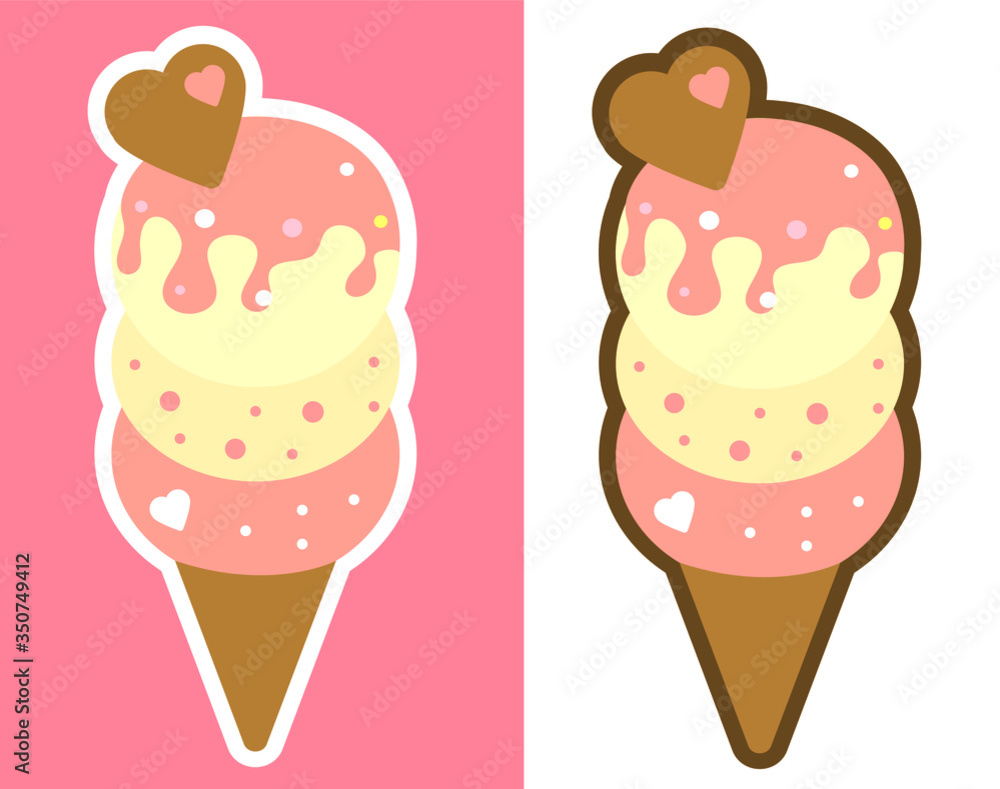 Ice cream cone pink summer desserts cute cartoon sweet food stickers icons vector 