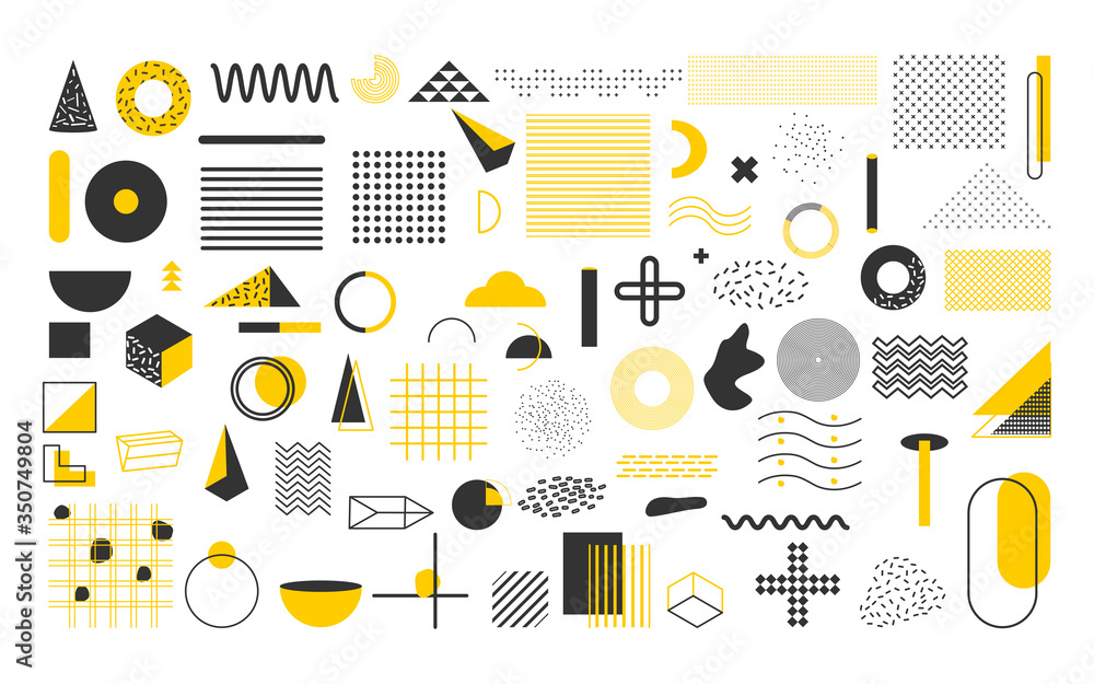 Plakat Set of yellow and black geometric shapes. Memphis design elements of retro style, funky 90s pattern. Trendy halftone for magazine, billboard, web poster, banner, leaflet. Isolated vector illustration