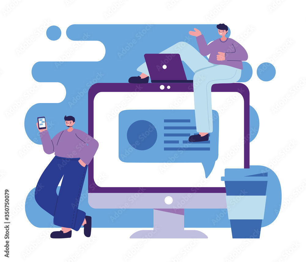 Woman and man with computer laptop and smartphone chatting vector design Woman and man with computer laptop and smartphone chatting vector design