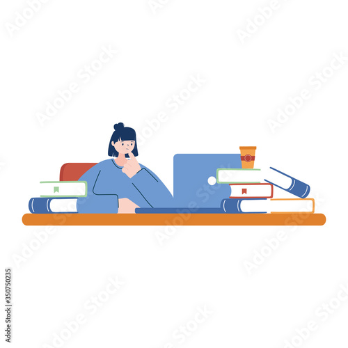Woman with laptop and books on desk vector design