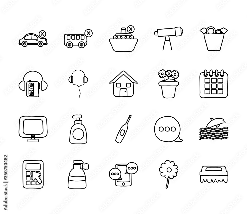 house and Quarentine icon set, line style house and Quarentine icon set, line style